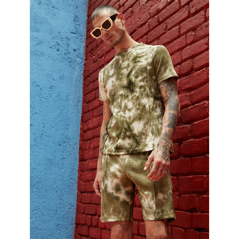 Campus Sutra Men's Olive Green Contrast Tye-Dye Co-Ord (Set of 2) (S)