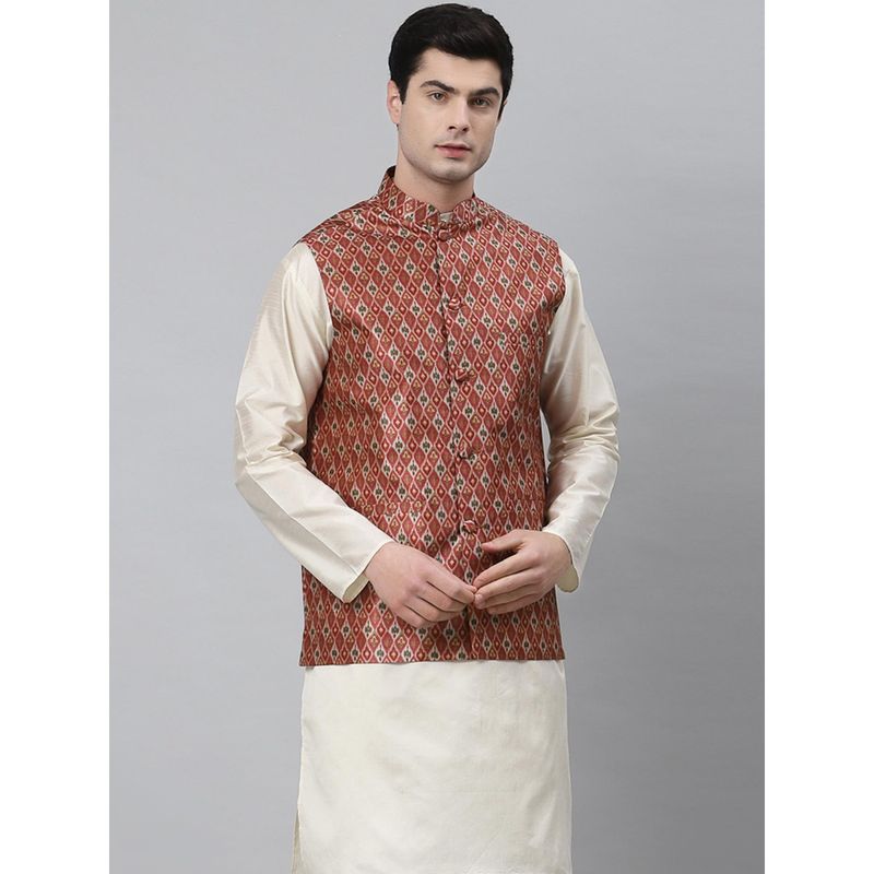 NEUDIS Men Maroon Patola Print Dupion Silk Nehru Jacket (M)