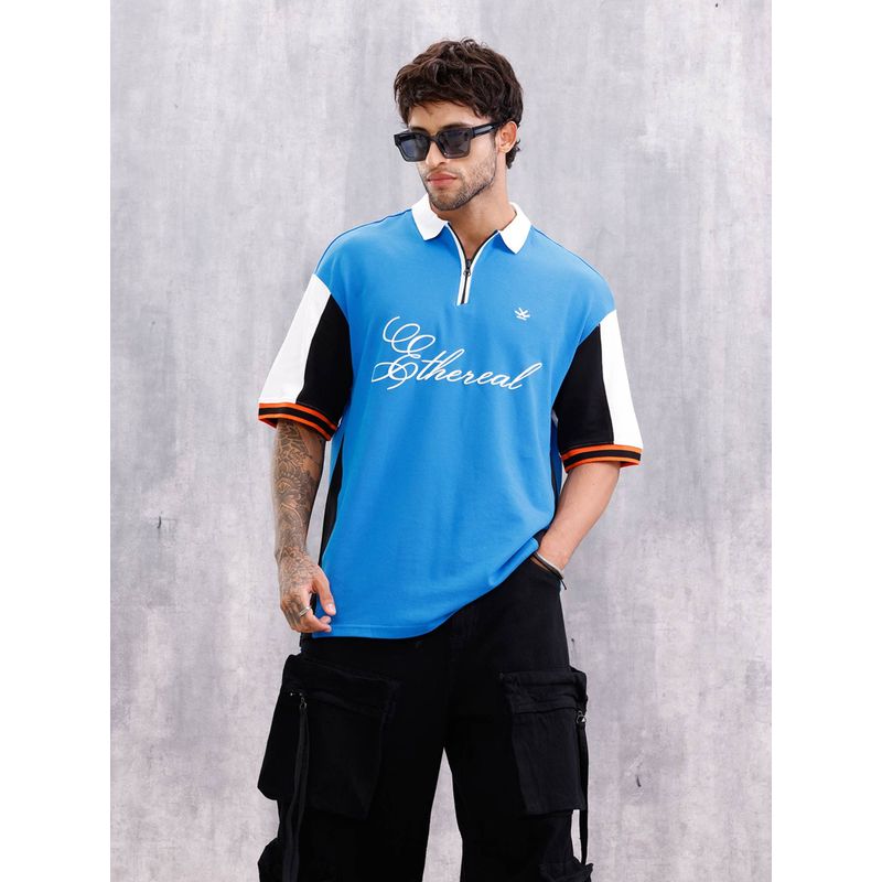 WROGN Retro Inspired Color Block Front Zip Blue Polo T-Shirt (S)