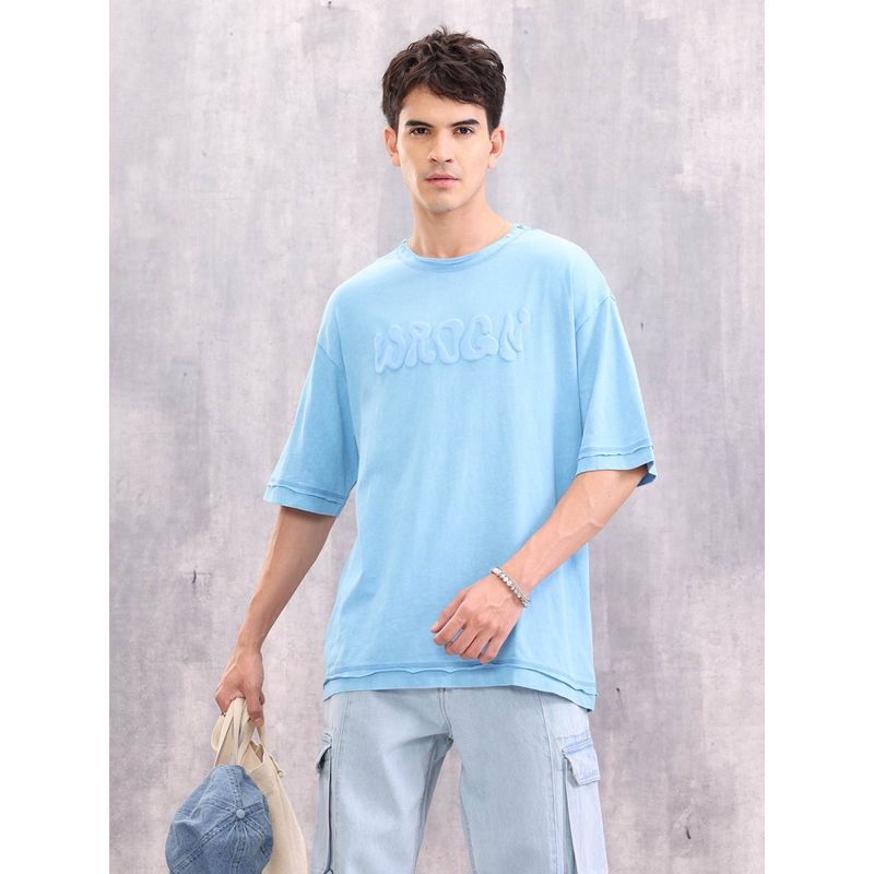 WROGN Acid Wash Puff Print Raw Edge Detail Blue T-Shirt (S)