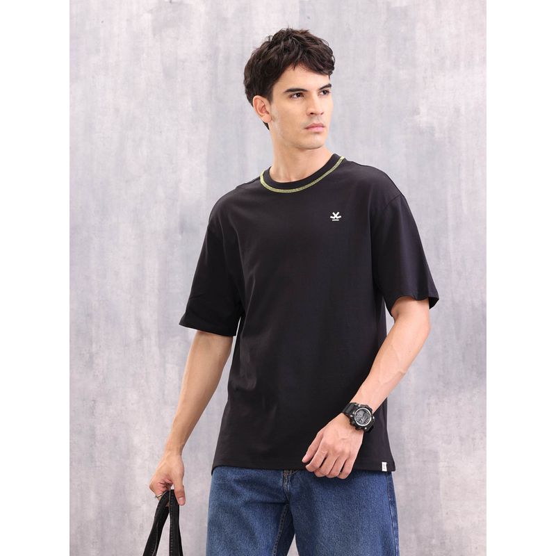 WROGN Contrast Flat Lock Detail Oversized Fit Black T-Shirt (S)