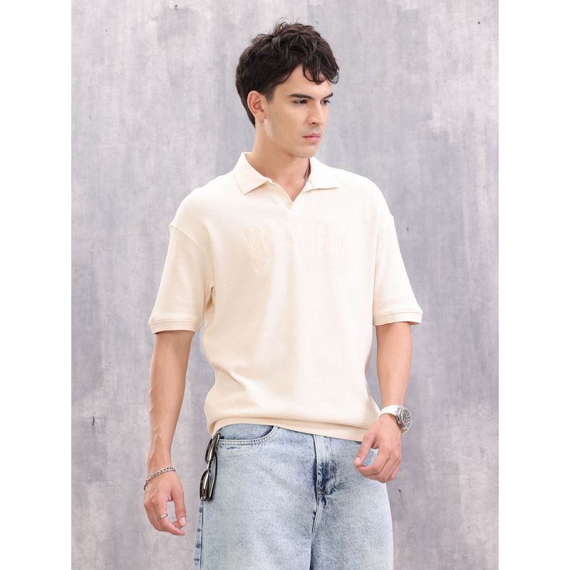 WROGN Textured Tonal Embroidered Oversized Fit Jhonny Collar Beige Polo T-Shirt (S)
