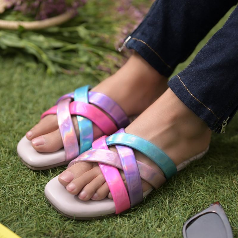 Coral Haze Neon Multi Coloured Flats with Multiple Straps Set In A Criss Cross Pattern (EURO 35)