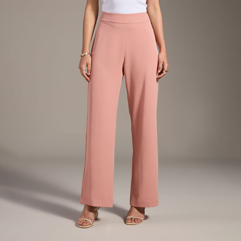 Twenty Dresses by Nykaa Fashion Work Salmon Pink Wide Leg High Waist Trousers (26)