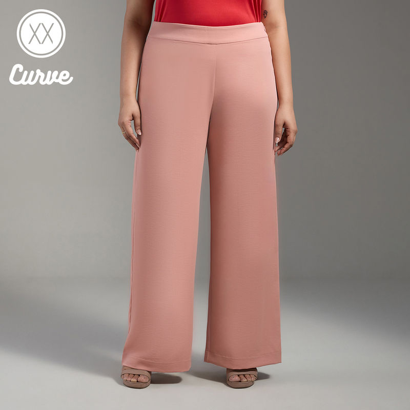 Twenty Dresses by Nykaa Fashion Curve Salmon Pink Wide Leg High Waist Work Trousers (36)