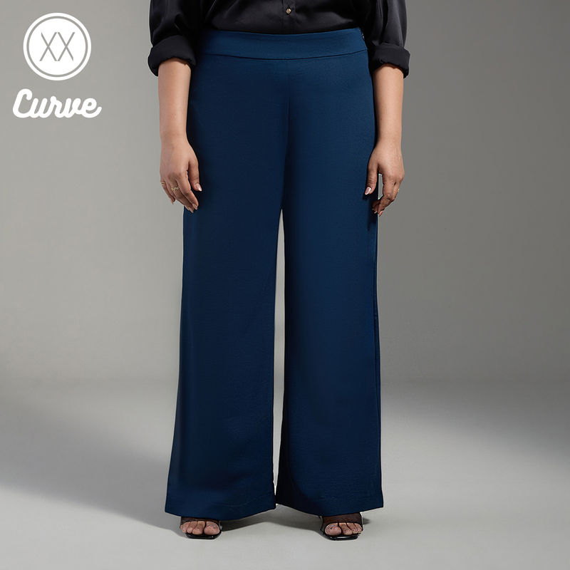 Twenty Dresses by Nykaa Fashion Curve Teal Blue Wide Leg High Waist Work Trousers (36)