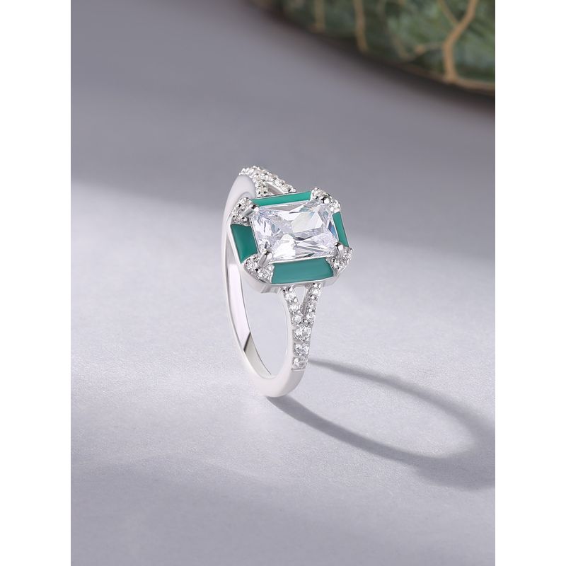 Enamel 925 Silver Octagon American Diamond Vintage Green Ring for Women & Girls (11)