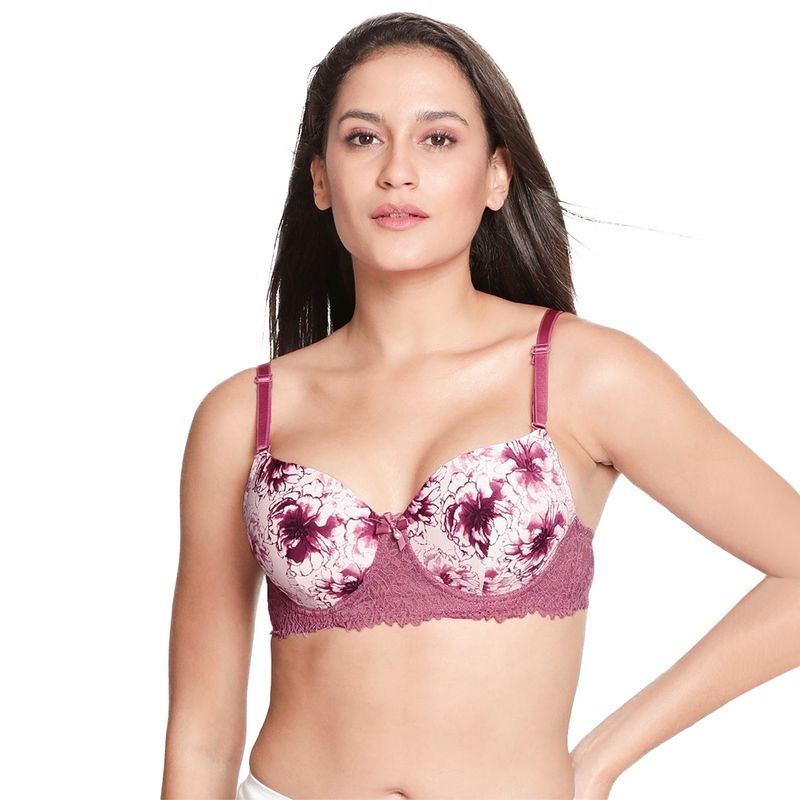 Shyaway Women Dusky Orchid Purple Floral Printed Padded Wired T-Shirt Bra (32C)