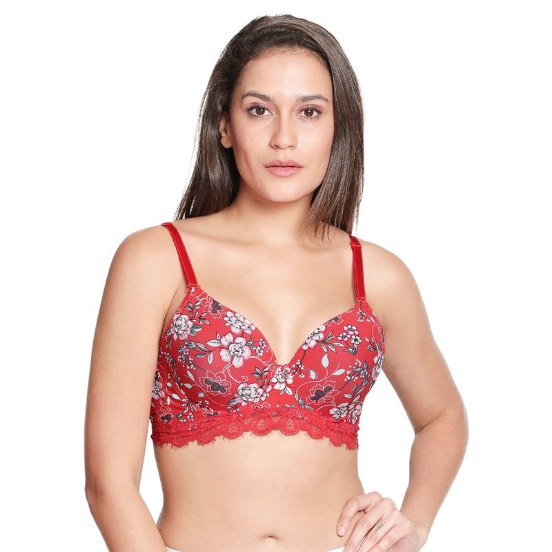 Buy Shyaway Women Fiery Red Floral Printed Padded Wired Bottom Lace Bra  online