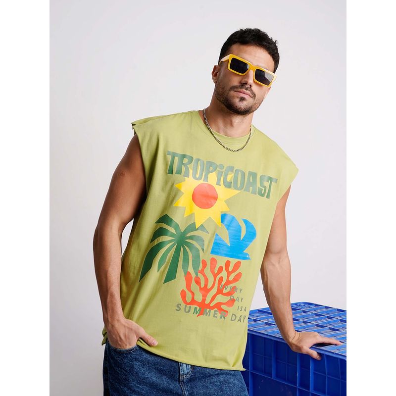 Bene Kleed Olive Printed Regular Tank T-shirt (S)