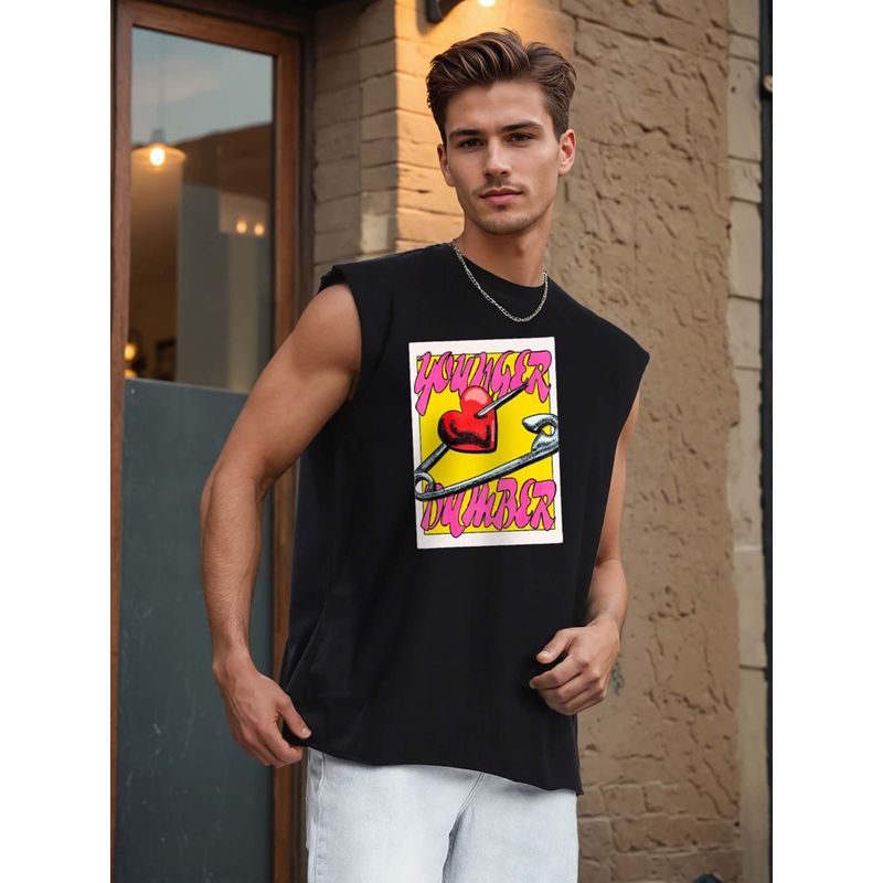 Bene Kleed Black Printed Oversized Tank T-shirt (L)