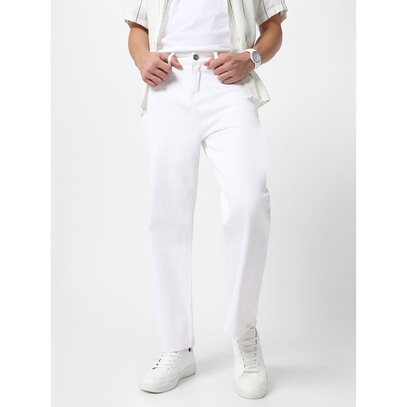 Urbano Fashion Mens White Loose Fit Washed Jeans Non-Stretchable (32)