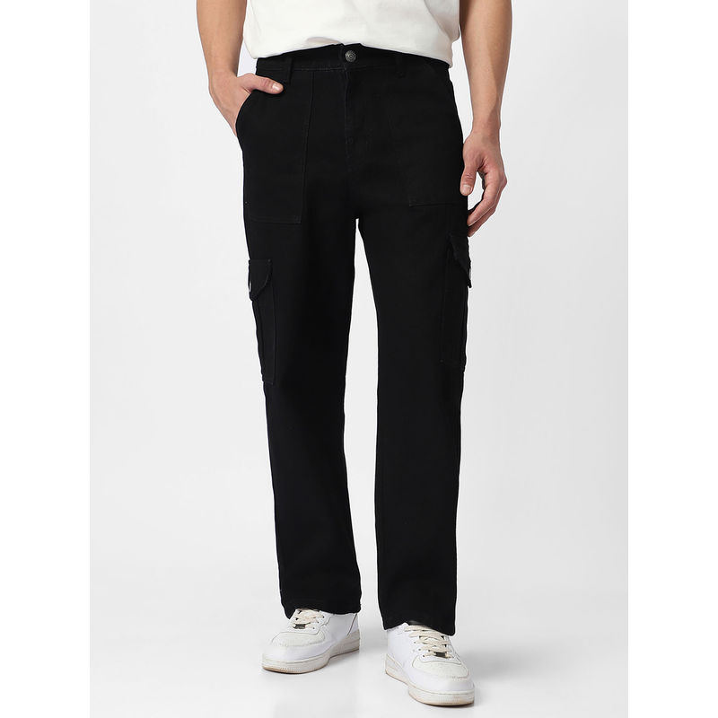 Urbano Fashion Mens Black Loose Fit Cargo Jeans with 6 Pockets Non-Stretchable (34)