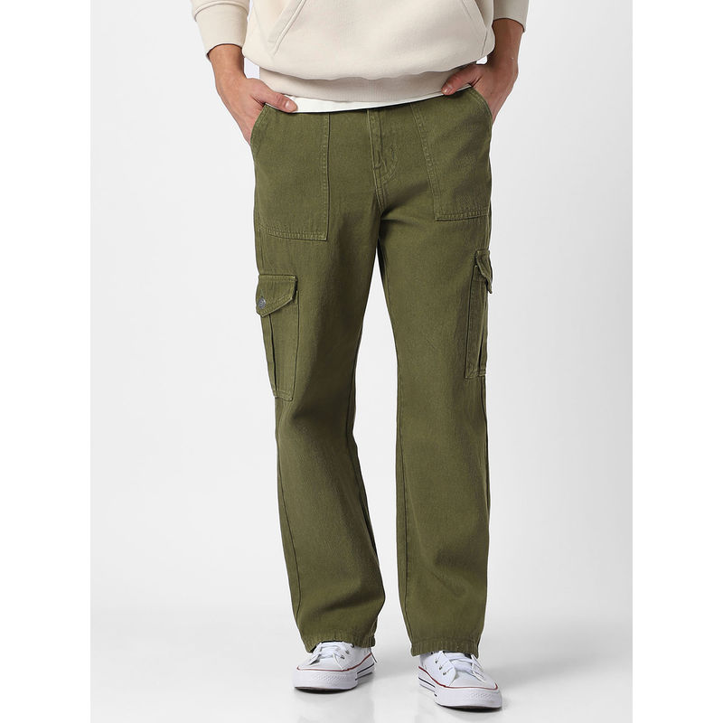 Urbano Fashion Mens Olive Green Loose Fit Cargo Jeans with 6 Pockets Non-Stretchable (38)