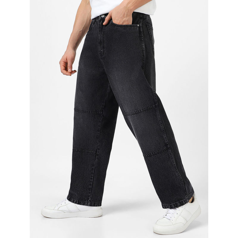 Urbano Fashion Mens Black Loose Baggy Fit Cut And Sew Panelled Jeans Non-Stretchable (30)