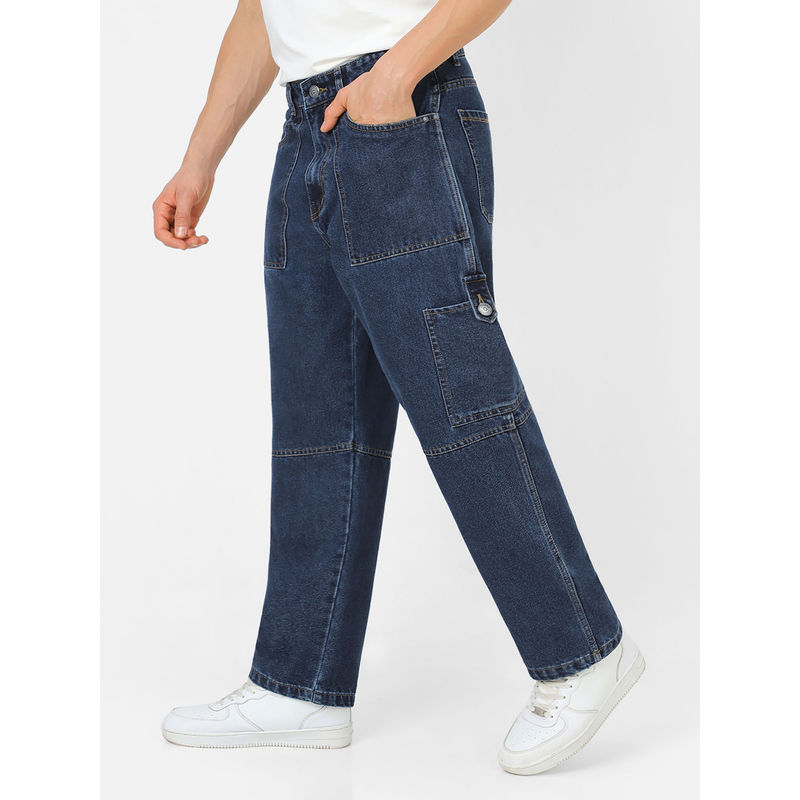 Urbano Fashion Mens Blue Loose Baggy Fit Washed Cargo Jeans With 6 Pockets Non-Stretchable (40)