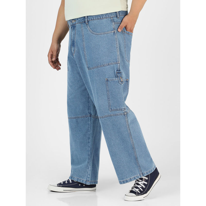 Urbano Plus Mens Light Blue Loose Baggy Fit Washed Cargo Jeans With 6 Pockets Non-Stretchable (38)