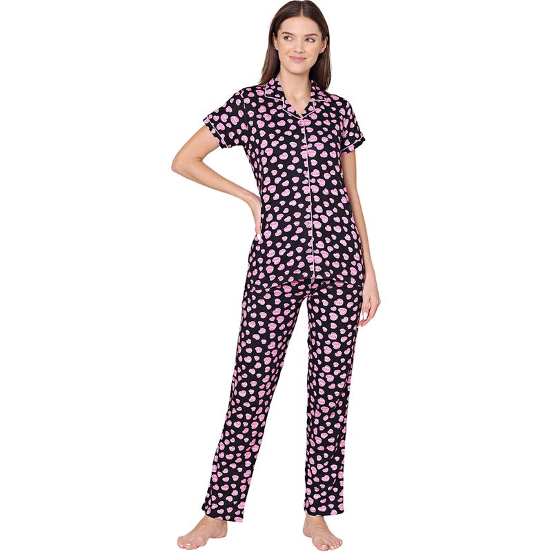 Bodycare Womens Cotton Printed Night Suit of Shirt & Pyjama -BSNS18004 Black (Set of 2) (XL)