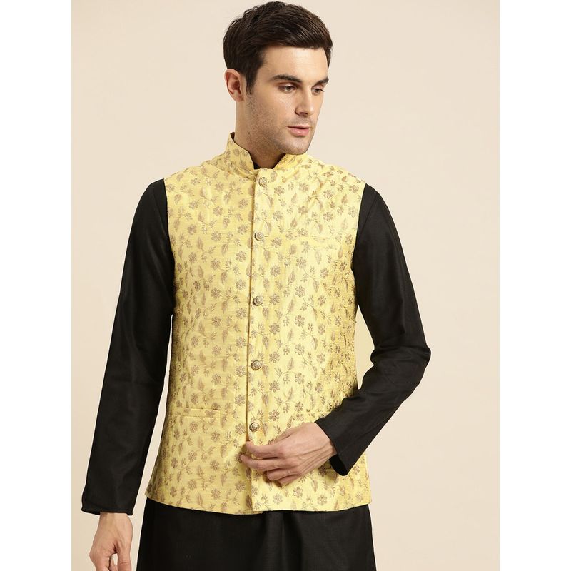 SOJANYA Mens Silk Blend Lemon Yellow & Gold Embroidered Nehru Jacket (M)