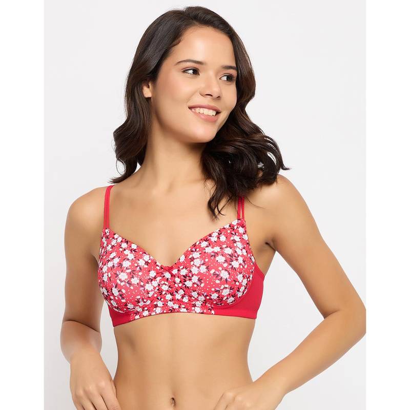 Clovia Polyamide Floral Padded Full Cup Wire Free T-Shirt Bra - Red (36C)