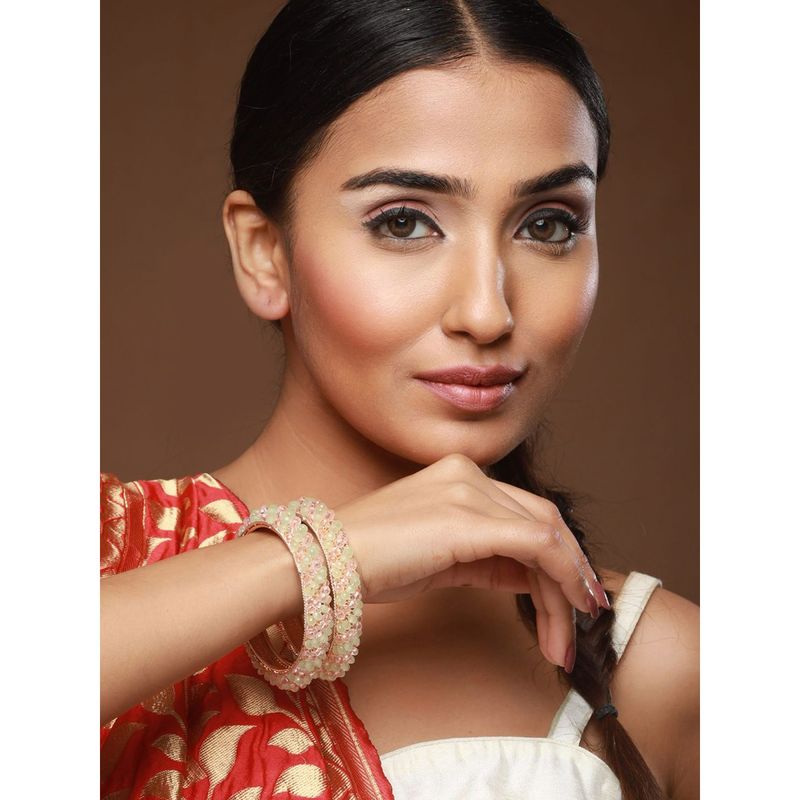 Aatmana Rose Gold Plated Pink & Rose Crystal Beaded Bangles (Set of 2) (2.4)