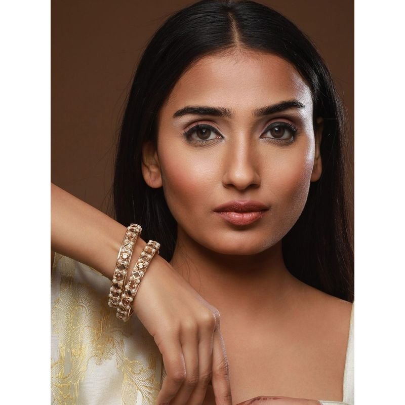 Aatmana Rose Gold Plated White Pearl Beaded & Crystal Studded Bangles (Set of 2) (2.8)