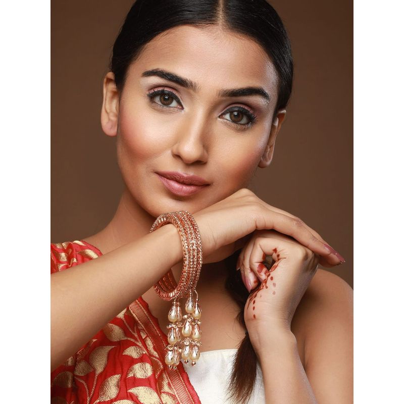 Aatmana Rose Gold Plated & Crystal Studded with Pearl Tassels Bangles (Set of 4) (2.6)