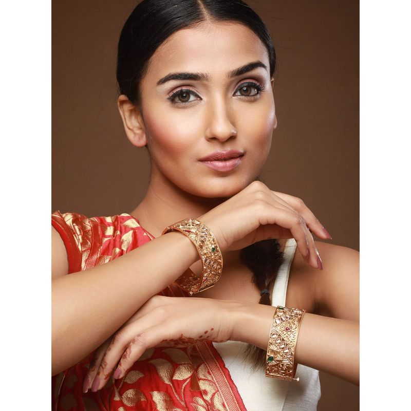 Aatmana Copper 24K Gold Plated Green Stone Studded Handcrafted Bangles (Set of 2) (2.6)