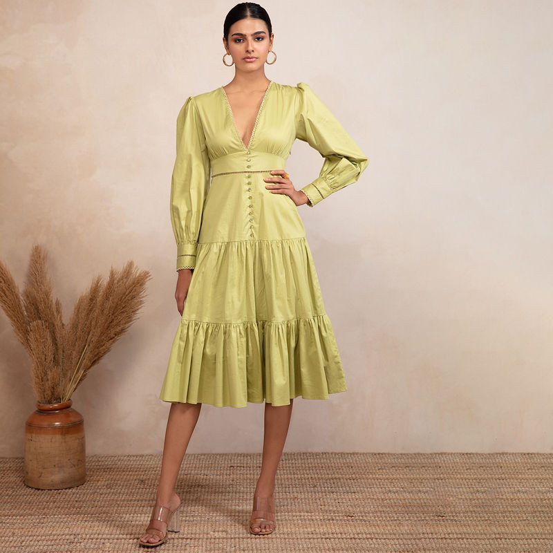 RSVP by Nykaa Fashion Green Solid V Neck Midi Dress (XS)