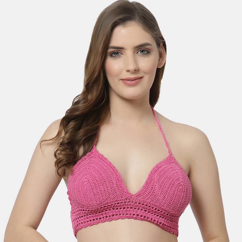 Velvery Handmade Halter Neck Padded Bralette Crop Top - Pink (M)