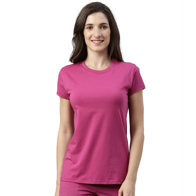 Enamor Essentials Womens E047-Short Sleeve Crew Neck Slim Fit Stretch Cotton Tee-Queen - Pink (S)
