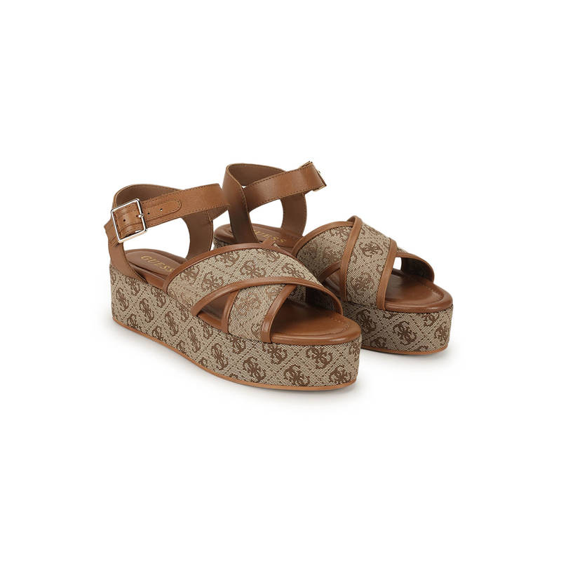 Guess Women Beige and Brown Solid Backstrap Buckle Wedges Heels (UK 6)
