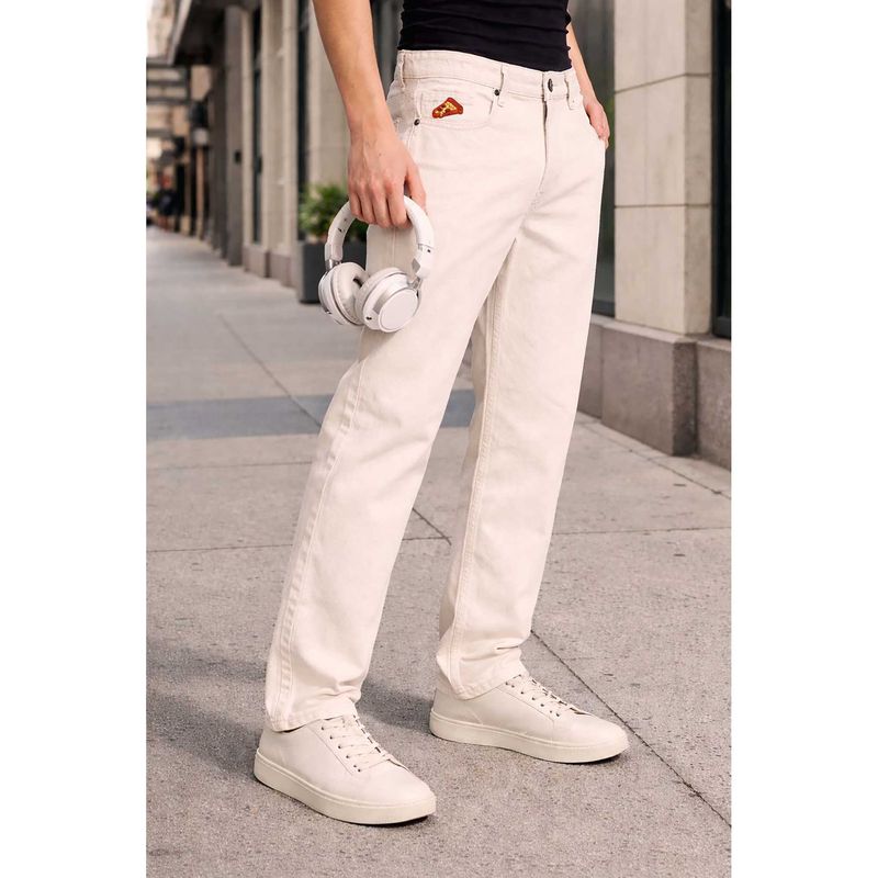 Bene Kleed Men Ecru Badge Beige Straight Fit Denim Jeans (28)