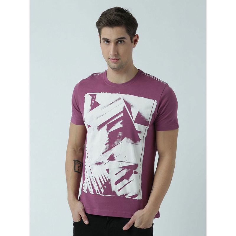 Huetrap Mens Printed Round Neck Purple T-Shirt (S)