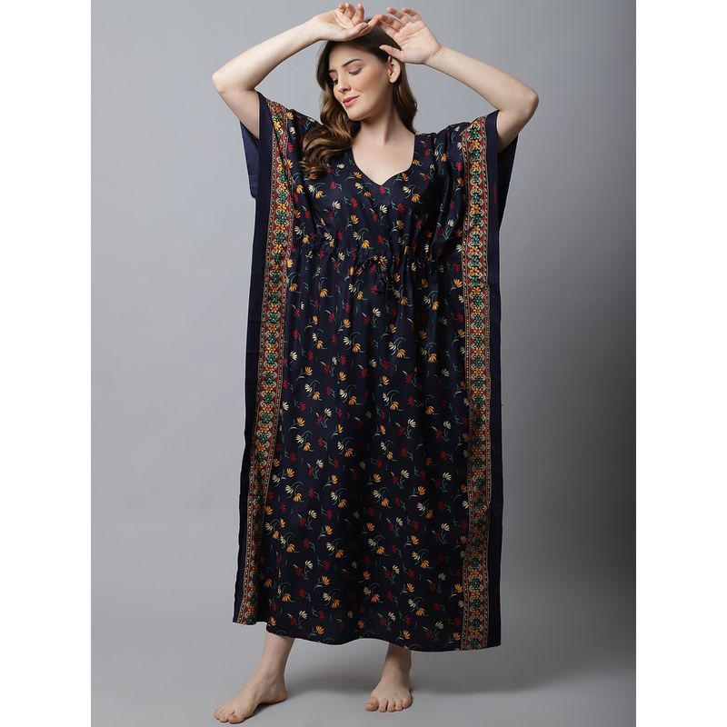 Buy Secret Wish Navy Blue Floral Cotton Kaftan Nighty Online