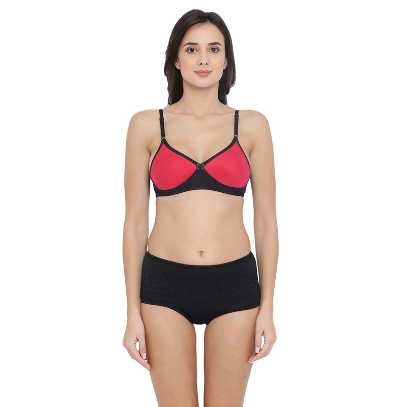 Clovia Cotton Rich T shirt Bra With Cross-Over Moulded Cups & High Waist Hispter Panty - Red (40B)