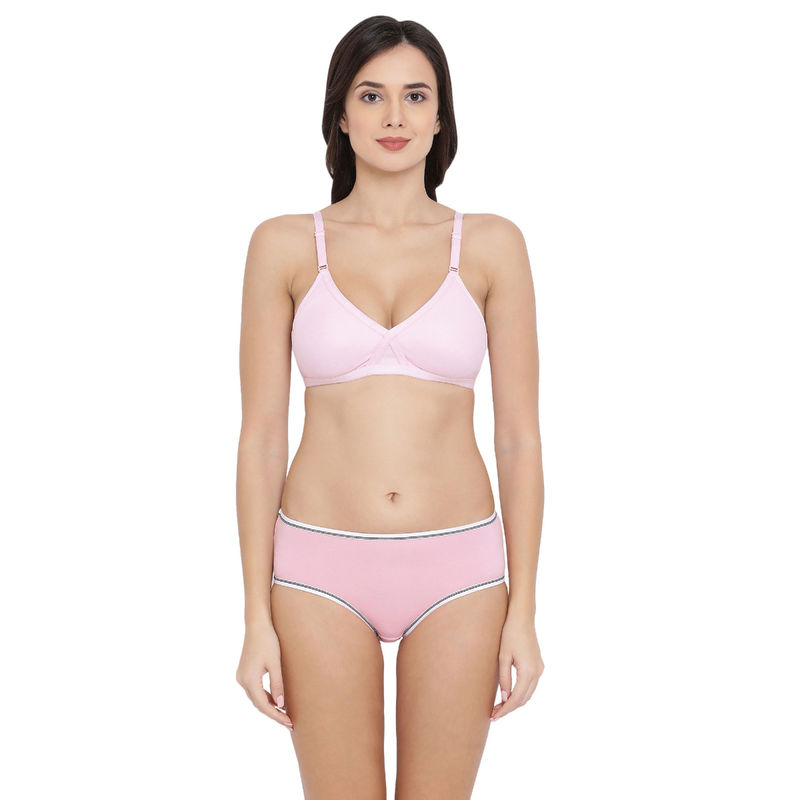 Clovia Cotton Rich T shirt Bra Cross-Over Moulded Cups & Mid Waist Hipster Panty - Pink (XS)