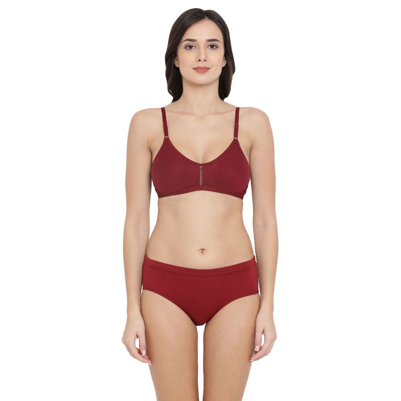 Clovia Cotton Non-Padded Non-Wired Bra With U Back & Mid Waist Hipster Panty - Maroon (40B)