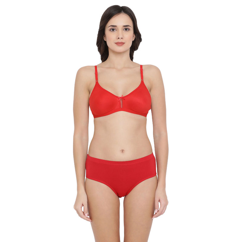Clovia Cotton Non-Padded Non-Wired Bra With U Back & Mid Waist Hipster Panty - Red (40C)