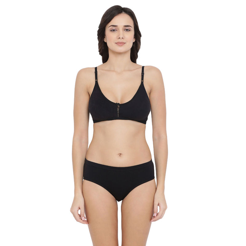 Clovia Cotton Non-Padded Non-Wired Full Cup Bra & Mid Waist Hipster Panty - Black (3XL)
