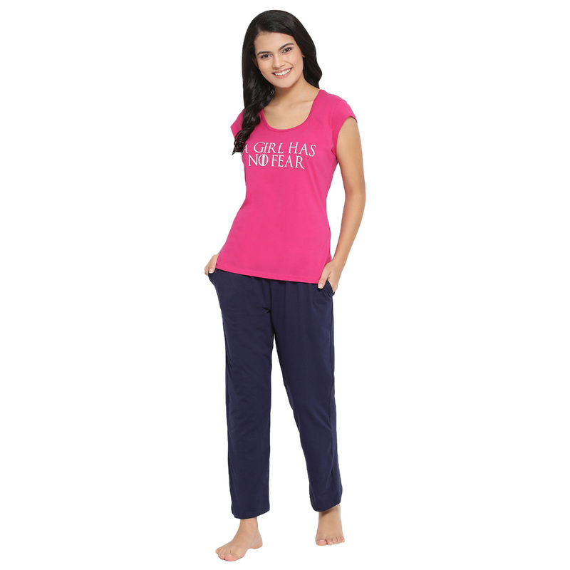 Clovia Cotton Rich Text Print Top & Pyjama Set - Pink (38D)