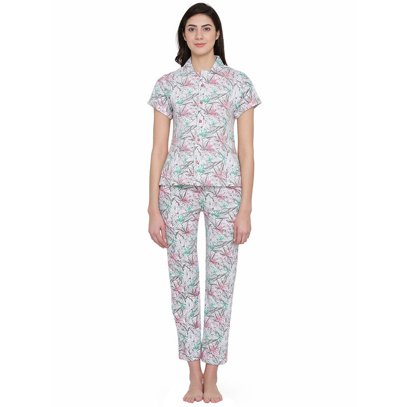 Clovia Printed Button Down Shirt & Pyjama Set in Grey - Cotton Base (32D)