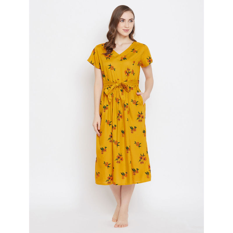 Clovia Pretty Florals Nighty in Mustard Yellow- Rayon (S)