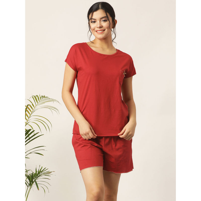 Clovia Top & Shorts Set In Red - Cotton Rich (XS)