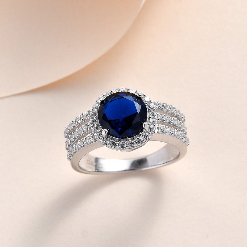 Ornate Jewels Silver Aaa American Diamond Cz Round Single Stone Blue Sapphire Ring For Women - 1435