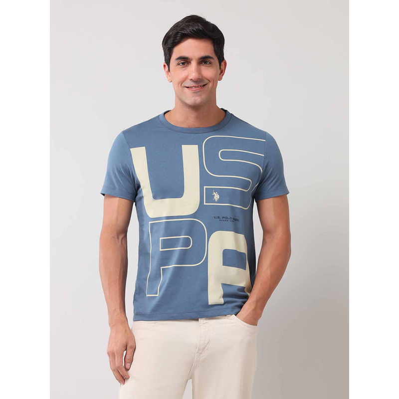U.S. Polo Assn. Denim Co. Men Printed Blue Half Sleeves Round Neck T-Shirt (L)
