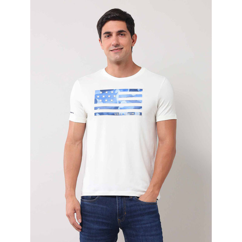U.S. Polo Assn. Denim Co. Men Graphic White Half Sleeves Round Neck T-Shirt (2XL)