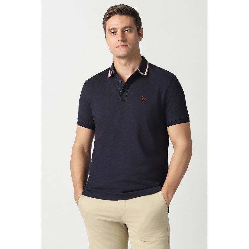 Van Heusen Men Navy Blue Textured Polo T-Shirt (M)