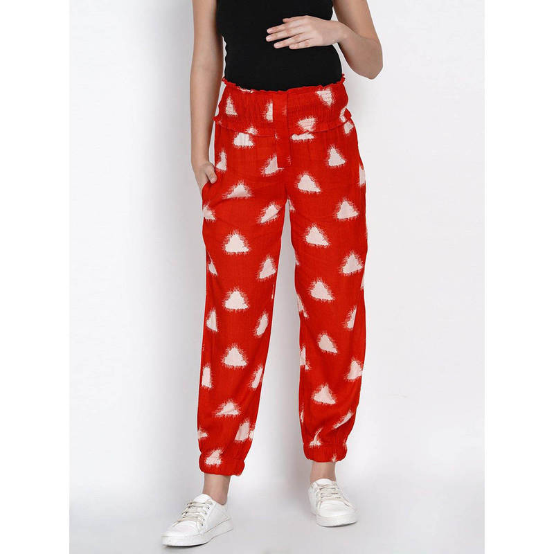 Mine4Nine Women Red Rayon Casual Maternity Trousers (M)