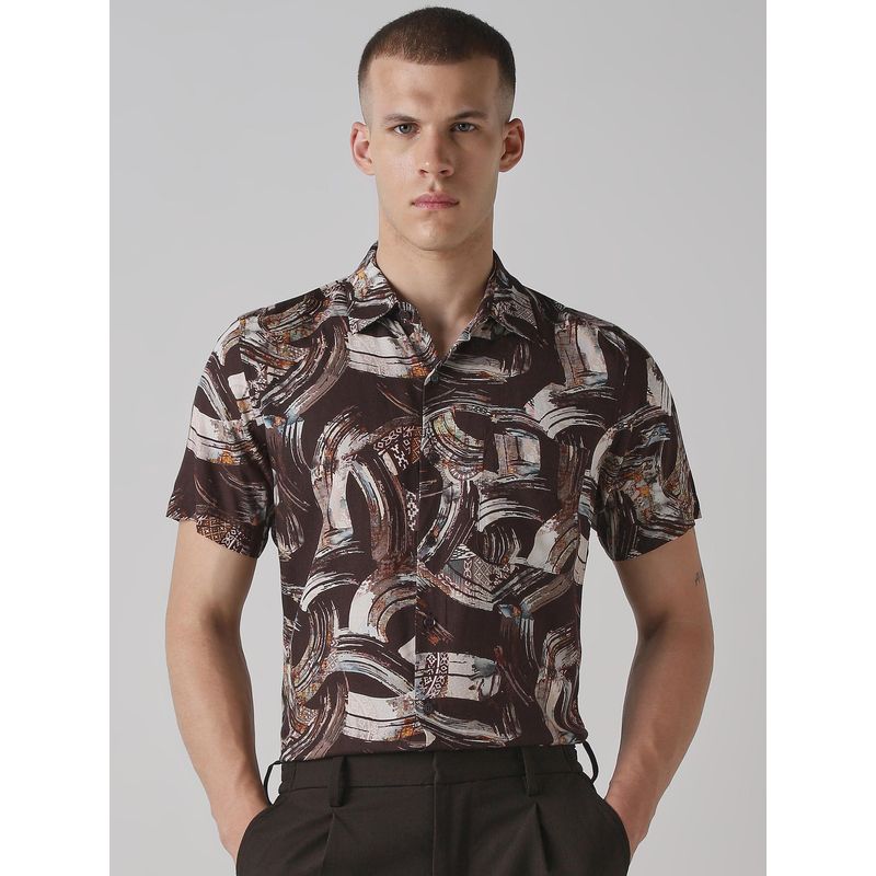 Mufti Dark Brown Abstract Men Shirt (M)